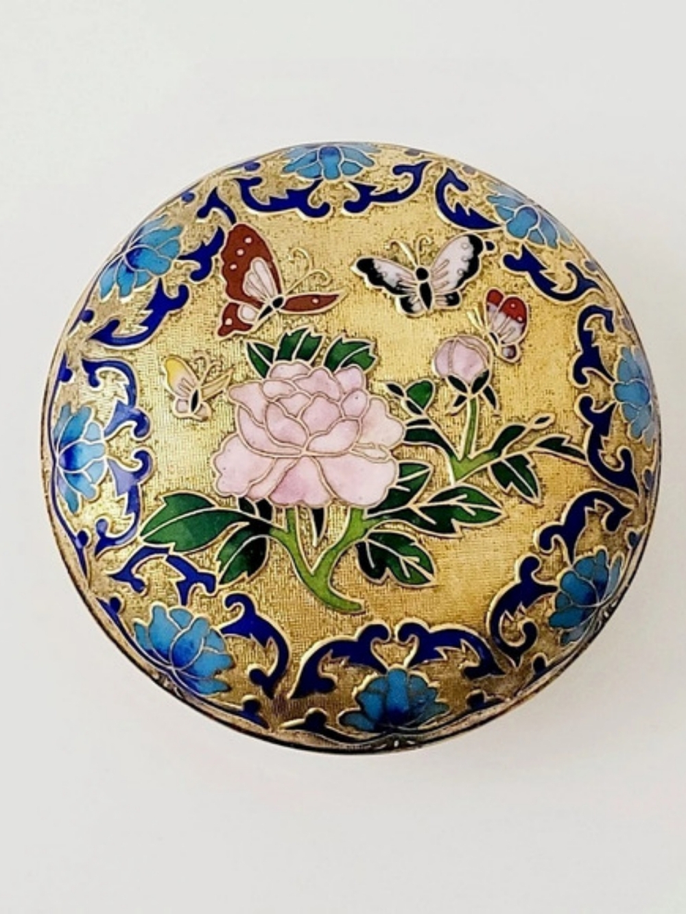 Cloissonè Floral Enamel Trinket Box in Blue & Gold Vintage